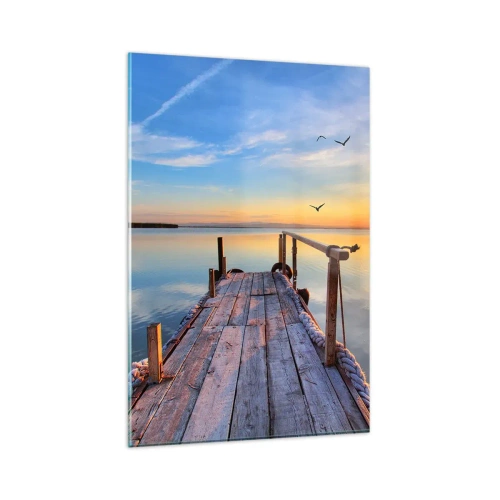 Obraz na szkle - Drewniane molo o zachodzie słońca na spokojnym jeziorze - 80x120cm - Iść przed siebie ku słońcu - Nowoczesna dekoracja ścienna do salonu i sypialni ARTTOR
