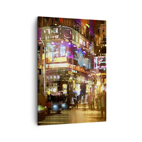 Obraz na płótnie - Nocna sceneria miasta z neonowymi światłami i tłumem ludzi - 50x70cm - W morzu światła - Nowoczesna dekoracja ścienna do salonu, kuchni i sypialni ARTTOR