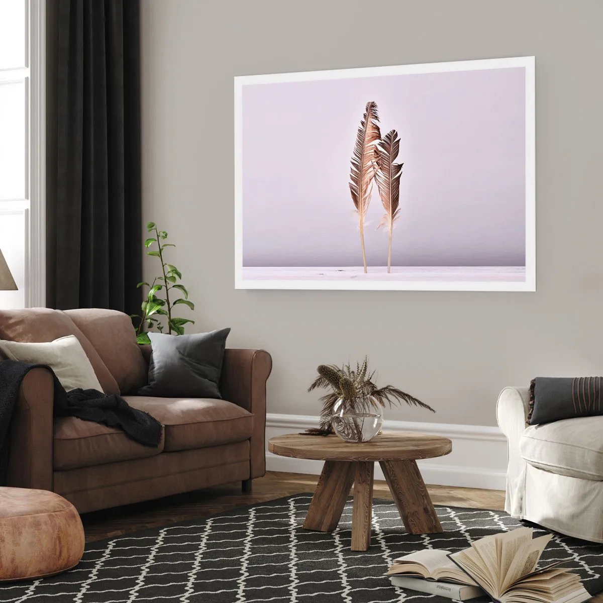 Plakat - Delikatne pióra na jasnym tle w minimalistycznym stylu - 100x70cm - Przeciw nicości - Nowoczesna dekoracja ścienna do salonu i sypialni ARTTOR