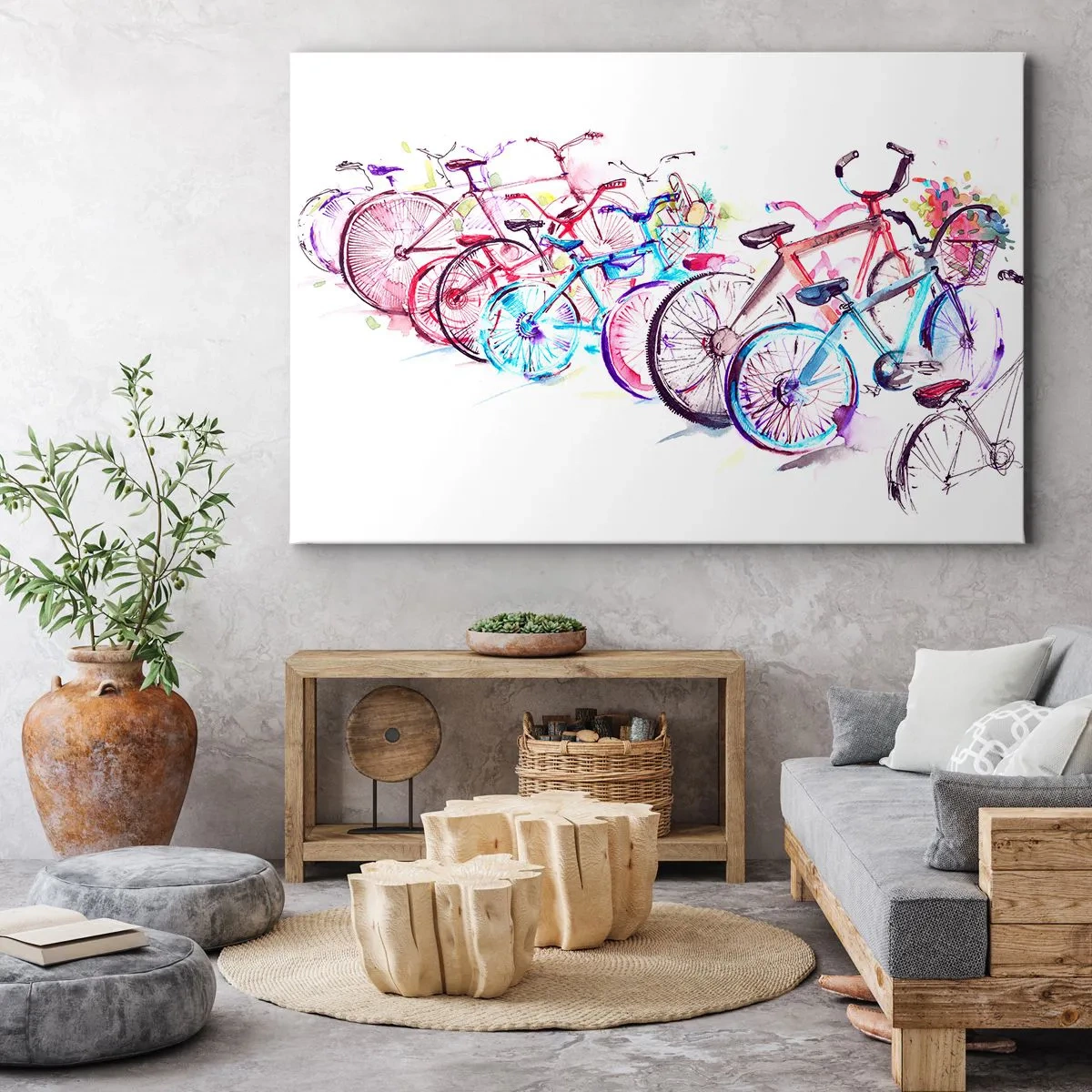 Obraz na płótnie - Kolorowe rowery w artystycznym stylu akwarelowym - 100x70cm - Zjazd klubu Antymoto - Nowoczesna dekoracja ścienna do salonu, kuchni i sypialni ARTTOR