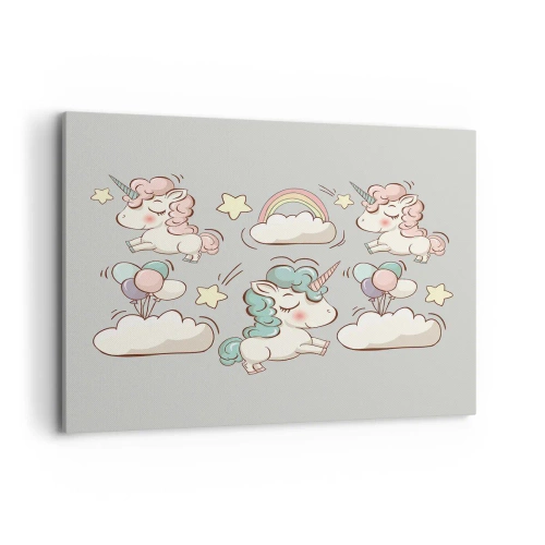 Obraz na płótnie - Urocze jednorożce na pastelowym tle - 120x80cm - Na pewno istnieją… - Nowoczesna dekoracja ścienna do salonu, kuchni i sypialni ARTTOR