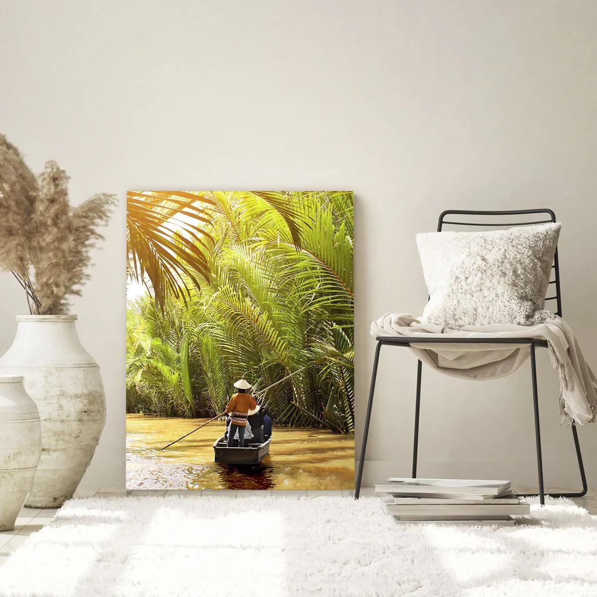 Obraz na szkle - Łódź na rzece otoczona tropikalną roślinnością - 80x120cm - Palmowym wąwozem - Nowoczesna dekoracja ścienna do salonu i sypialni ARTTOR