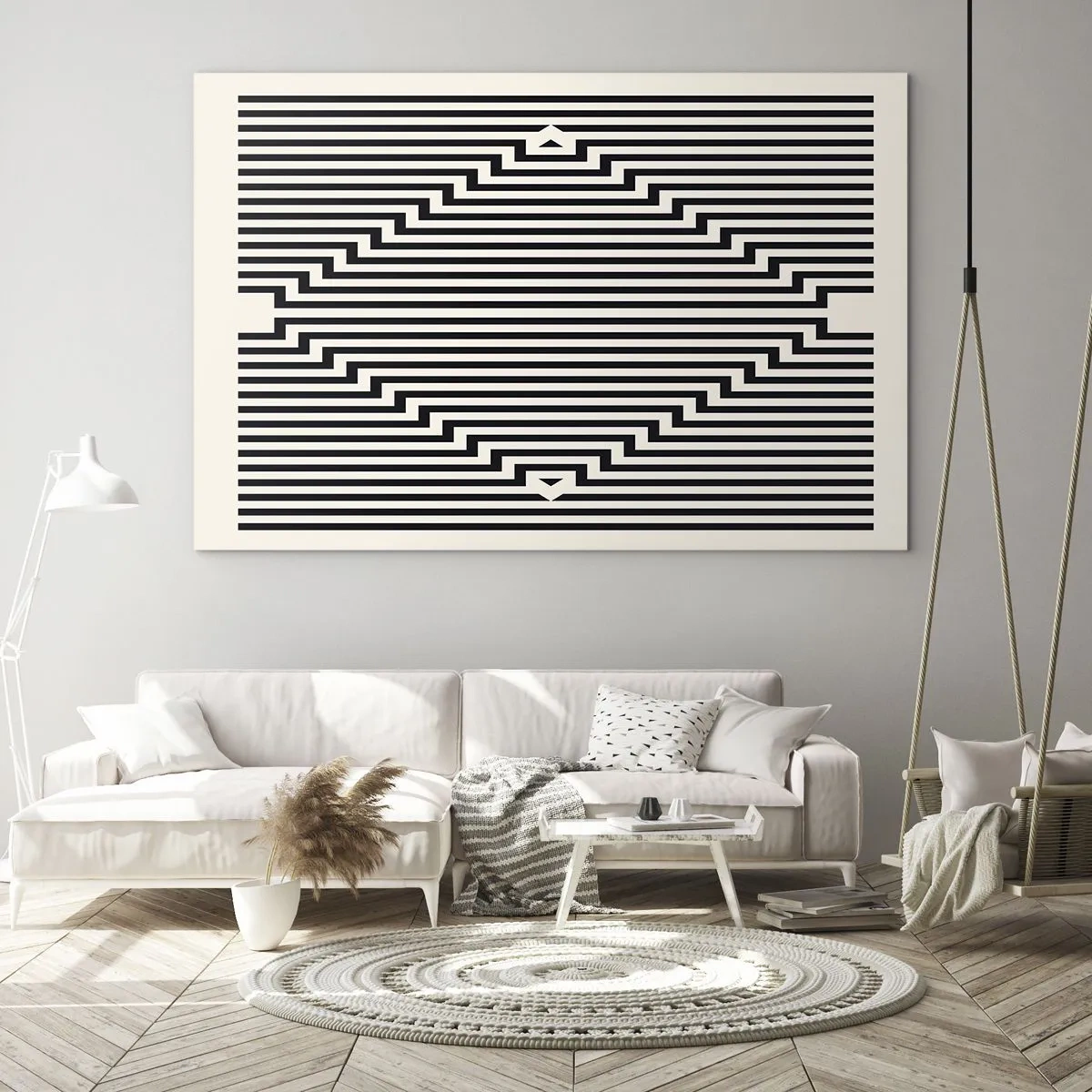 Obraz na szkle - Hipnotyzujący wzór czarno-białych linii tworzących iluzję - 70x50cm - Geometryczna iluzja - Nowoczesna dekoracja ścienna do salonu i sypialni ARTTOR