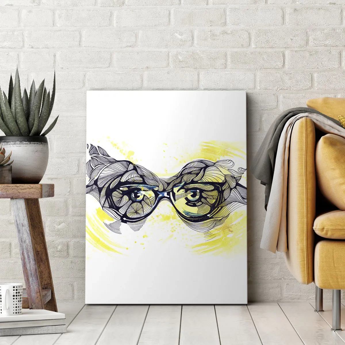 Obraz na płótnie - Rysunek okularów z oczami w roli głównej, z elementami roślinnymi - 50x70cm - Przez błękitne okulary - Nowoczesna dekoracja ścienna do salonu, kuchni i sypialni ARTTOR