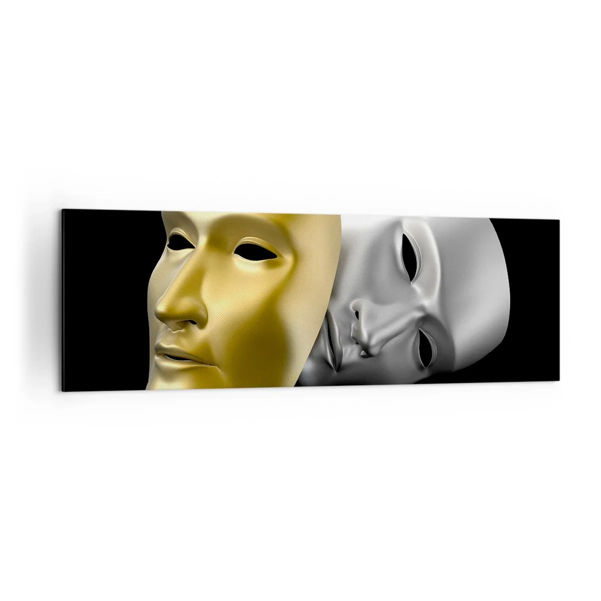 Obraz na płótnie - Złota i srebrna maska na czarnym tle - 160x50cm - Życie to jest teatr - Nowoczesna dekoracja ścienna do salonu i sypialni ARTTOR