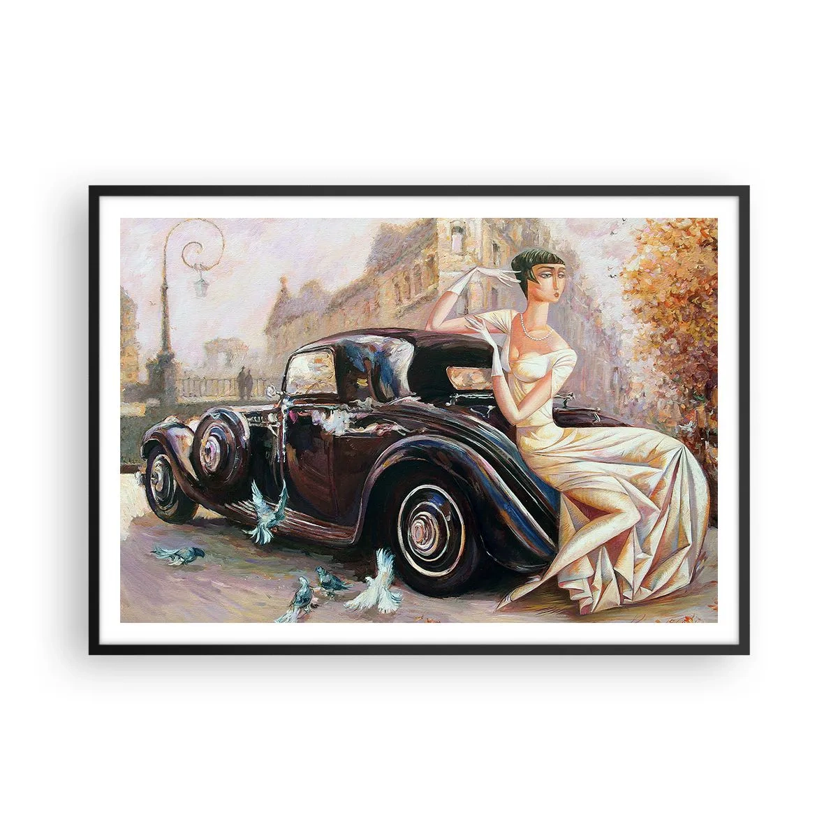 Plakat w czarnej ramie - Kobieta w stylu retro obok klasycznego samochodu - 100x70cm - Elegancja w stylu retro - Nowoczesna dekoracja ścienna do salonu i sypialni ARTTOR