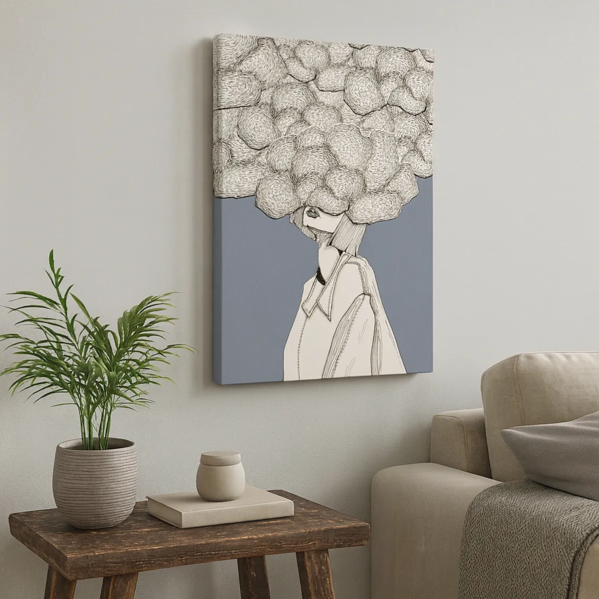 Obraz na płótnie - Grafika kobiety z głową ukrytą w chmurach na niebieskim tle - 50x70cm - Z głową w chmurach - Nowoczesna dekoracja ścienna do salonu, kuchni i sypialni ARTTOR