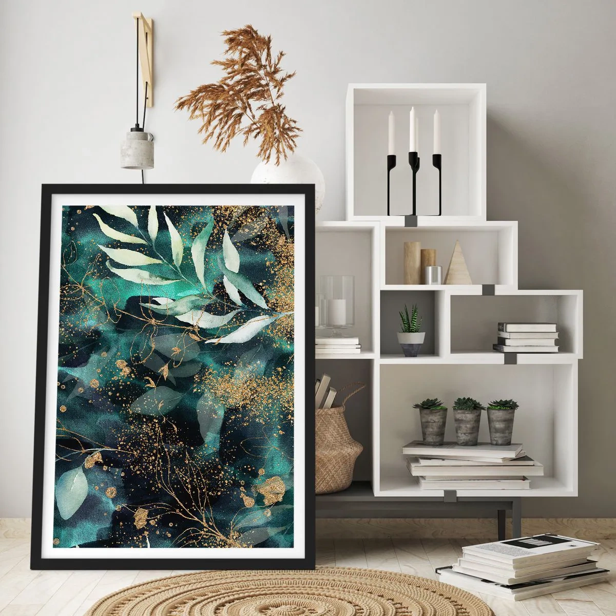Plakat w czarnej ramie - Zielone liście i złote akcenty na ciemnym tle - 50x70cm - Zaczarowany ogród - Nowoczesna dekoracja ścienna do salonu i sypialni ARTTOR