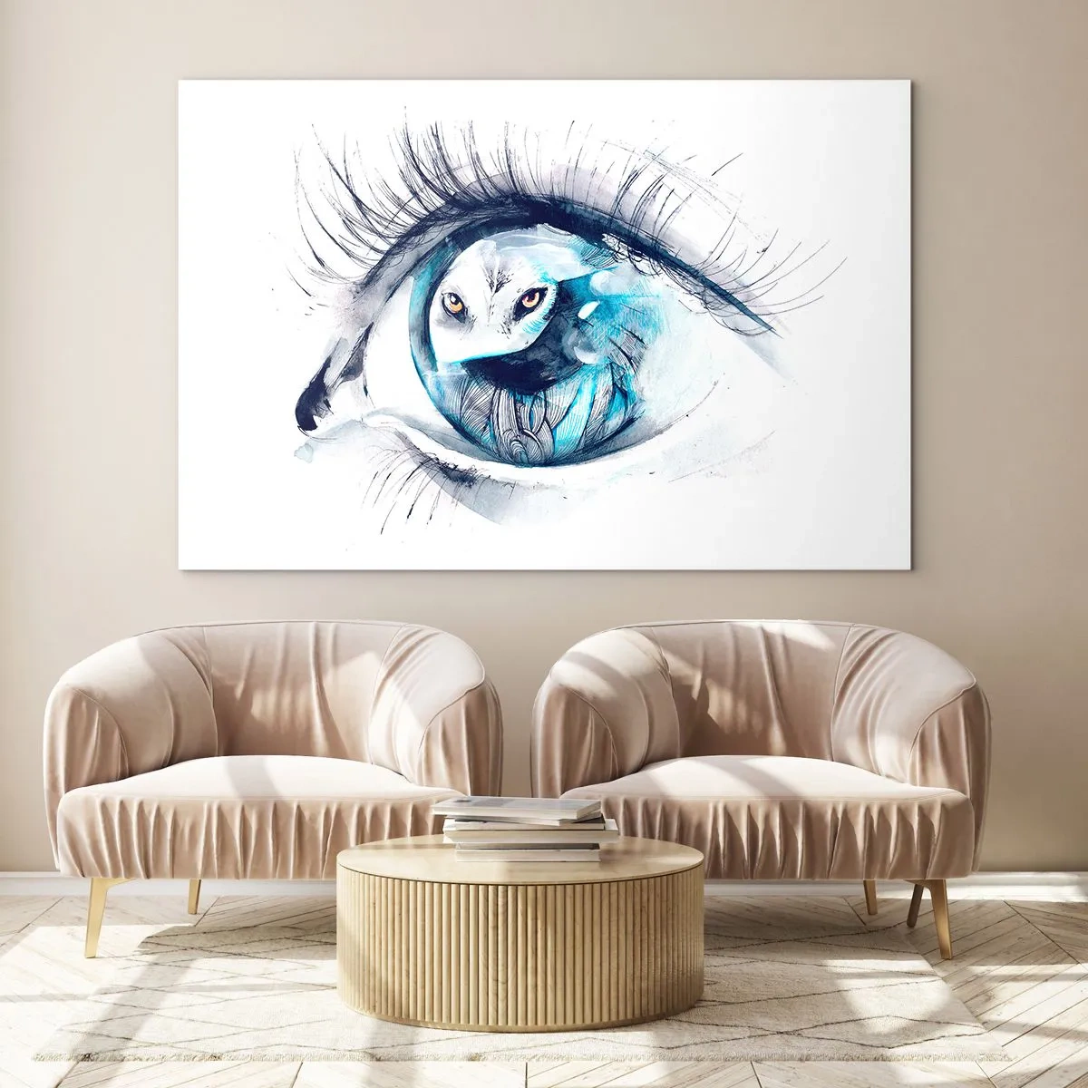 Obraz na szkle - Kobiece oko z motywem sowy w stylu akwareli - 70x50cm - Oko w oko z dzikością - Nowoczesna dekoracja ścienna do salonu i sypialni ARTTOR