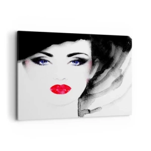 Obraz na płótnie - Portret kobiety z czerwonymi ustami i intensywnymi niebieskimi oczami - 100x70cm - Odpycha i przyzywa - Nowoczesna dekoracja ścienna do salonu, kuchni i sypialni ARTTOR
