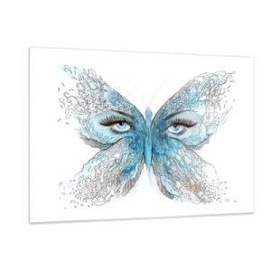 Obraz na szkle - Motyl z błękitnymi skrzydłami i ludzkimi oczami w artystycznym stylu - 120x80cm - Modraszek eros - Nowoczesna dekoracja ścienna do salonu, kuchni i sypialni ARTTOR
