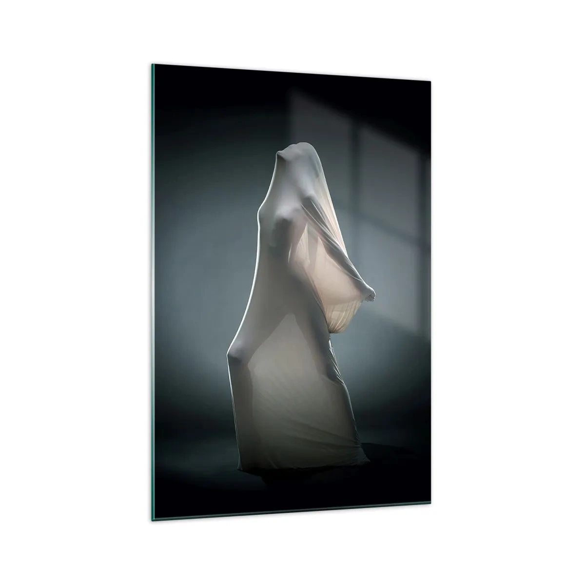 Obraz na szkle - Postać w białej tkaninie na ciemnym tle - 70x100cm - Ukryte pragnienia - Nowoczesna dekoracja ścienna do salonu i sypialni ARTTOR
