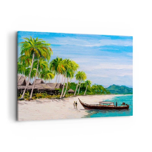Obraz na płótnie - Egzotyczna plaża z palmami i łodzią przy brzegu - 100x70cm - Egzotyczny sen - Nowoczesna dekoracja ścienna do salonu, kuchni i sypialni ARTTOR