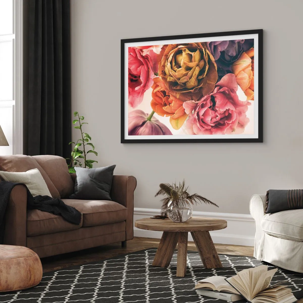 Plakat w czarnej ramie - Bukiet różnorodnych kwiatów w intensywnych barwach - 70x50cm - Święto życia - Nowoczesna dekoracja ścienna do salonu i sypialni ARTTOR