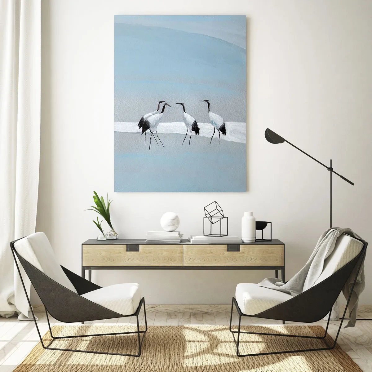 Obraz na szkle - Grupa żurawi na tle niebieskich gór i zachodu słońca - 50x70cm - Po gorącym dniu - Nowoczesna dekoracja ścienna do salonu, kuchni i sypialni ARTTOR