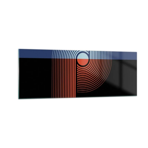 Obraz na szkle - Geometryczna abstrakcja z liniami w kolorach granatu i pomarańczu - 140x50cm - W geometrycznym uścisku - Nowoczesna dekoracja ścienna do salonu i sypialni ARTTOR