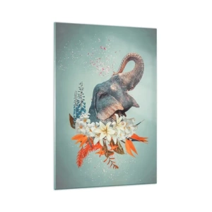 Obraz na szkle - Słoń otoczony kolorowymi kwiatami na pastelowym tle - 70x100cm - Ryk radości - Nowoczesna dekoracja ścienna do salonu i sypialni ARTTOR