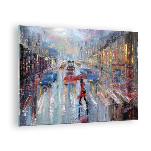 Obraz na szkle - Miejska scena nocą z deszczem i kolorowymi światłami - 70x50cm - Deszczowe popołudnie w mieście - Nowoczesna dekoracja ścienna do salonu i sypialni ARTTOR