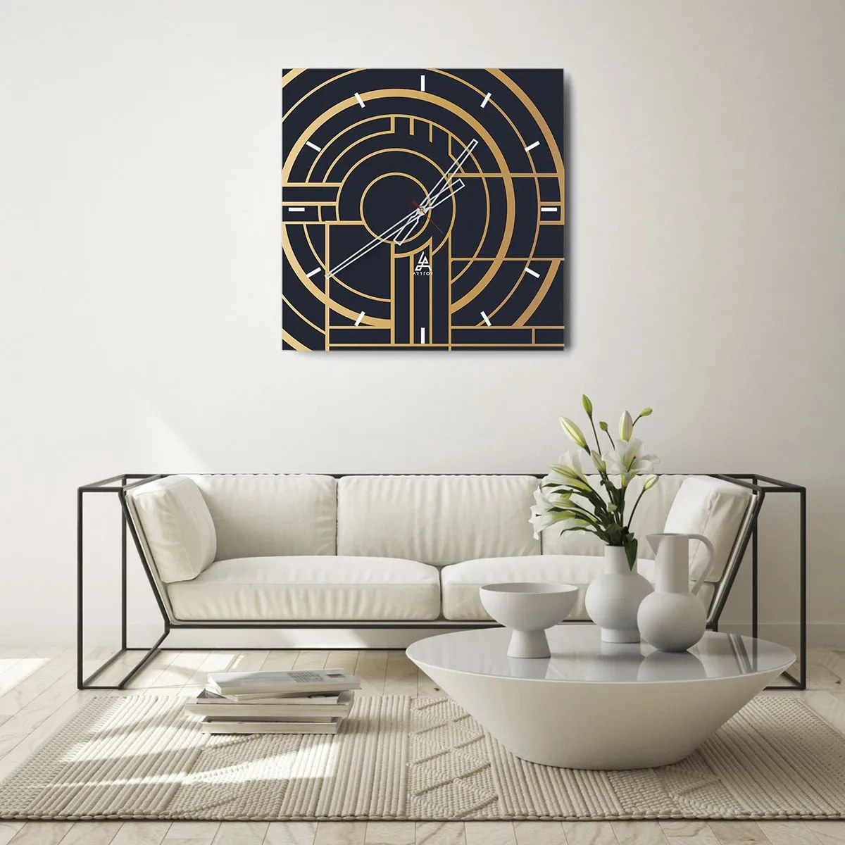 Zegar ścienny - Geometryczny wzór z liniami w złotym kolorze - 30x30cm - Obroty rzeczy - Nowoczesna dekoracja ścienna do salonu i sypialni ARTTOR