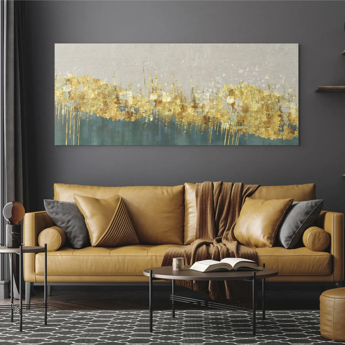 Obraz na szkle - Złote akcenty na zielono-beżowym tle - 160x50cm - Złota granica - Nowoczesna dekoracja ścienna do salonu i sypialni ARTTOR