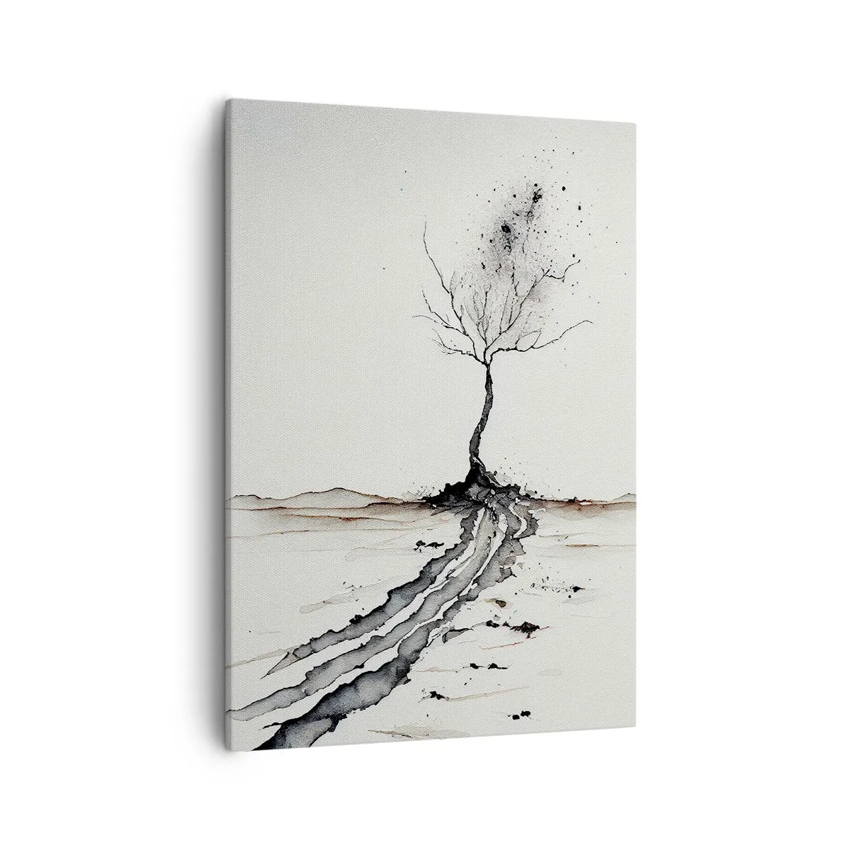 Obraz na płótnie - Czarno-biały obraz samotnego drzewa z popękaną ziemią - 50x70cm - Zimowa melancholia - Nowoczesna dekoracja ścienna do salonu, kuchni i sypialni ARTTOR