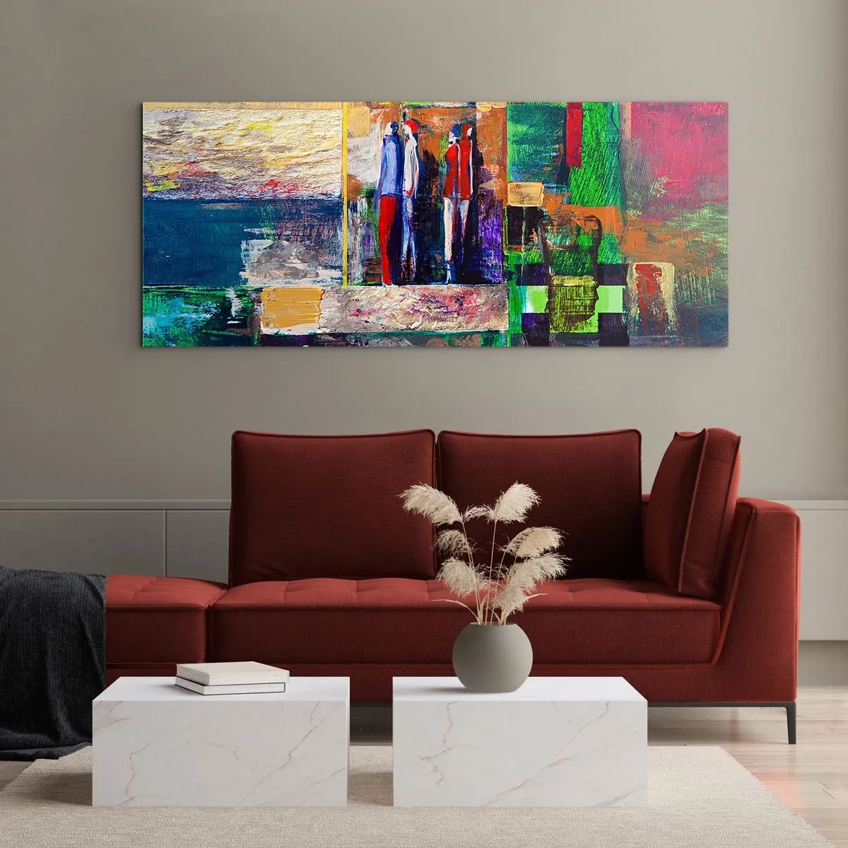 Obraz na szkle - Abstrakcyjna kompozycja z postaciami i geometrycznymi wzorami - 120x50cm - Relacje i emocje - Nowoczesna dekoracja ścienna do salonu i sypialni ARTTOR