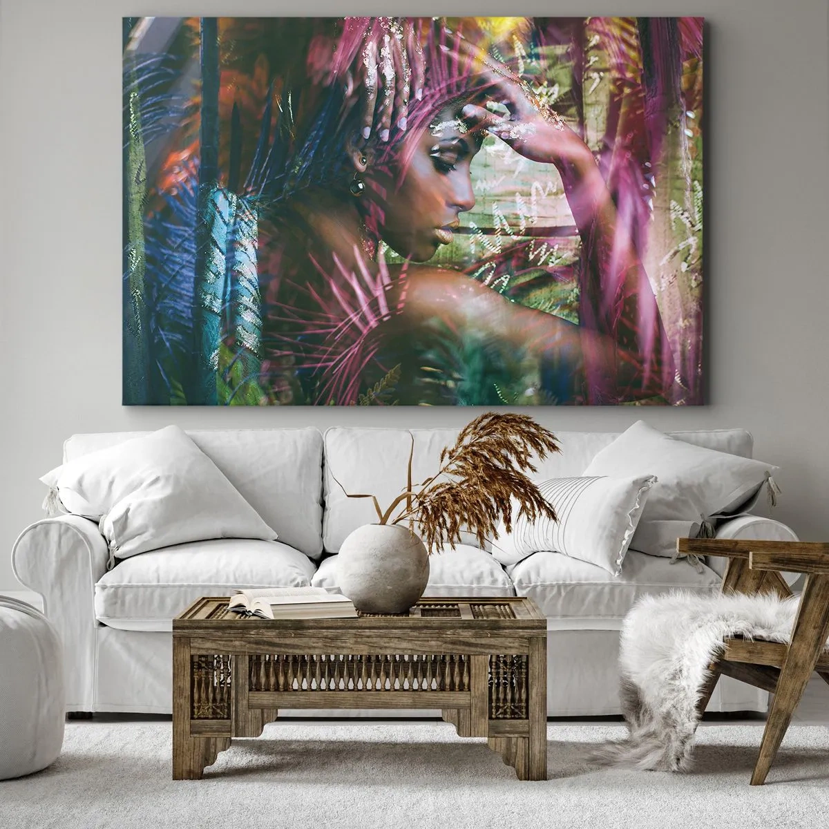 Obraz na płótnie - Portret kobiety w otoczeniu egzotycznej roślinności - 120x80cm - Matka Natura w dżungli - Nowoczesna dekoracja ścienna do salonu, kuchni i sypialni ARTTOR