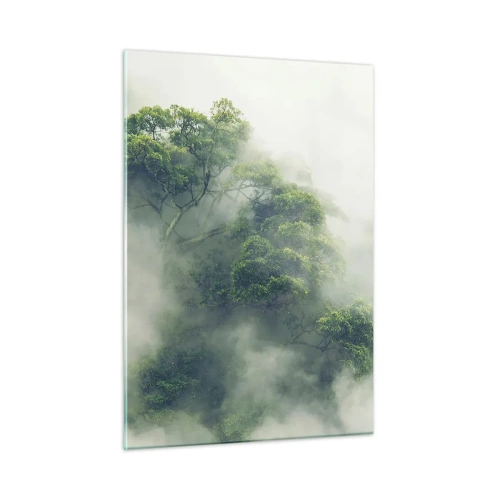Obraz na szkle - Drzewa tropikalnego lasu wyłaniające się z gęstej mgły - 50x70cm - Otulone mgłą - Nowoczesna dekoracja ścienna do salonu, kuchni i sypialni ARTTOR