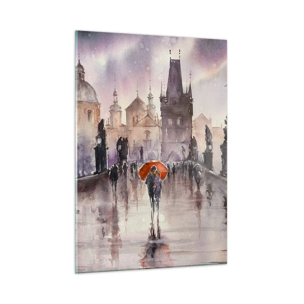 Obraz na szkle - Spacer w deszczu na moście z pomarańczową parasolką - 50x70cm - Ludzie się nie zmieniają - Nowoczesna dekoracja ścienna do salonu, kuchni i sypialni ARTTOR