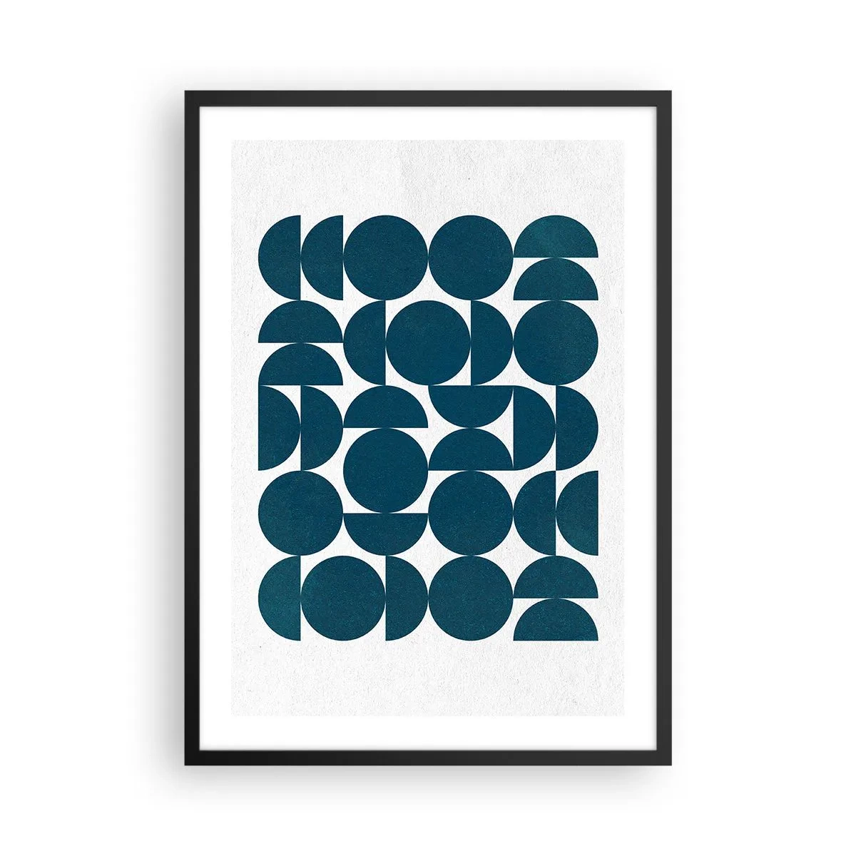 Plakat w czarnej ramie - Geometryczna kompozycja z niebieskimi kołami - 50x70cm - Koła i półkola - Nowoczesna dekoracja ścienna do salonu i sypialni ARTTOR