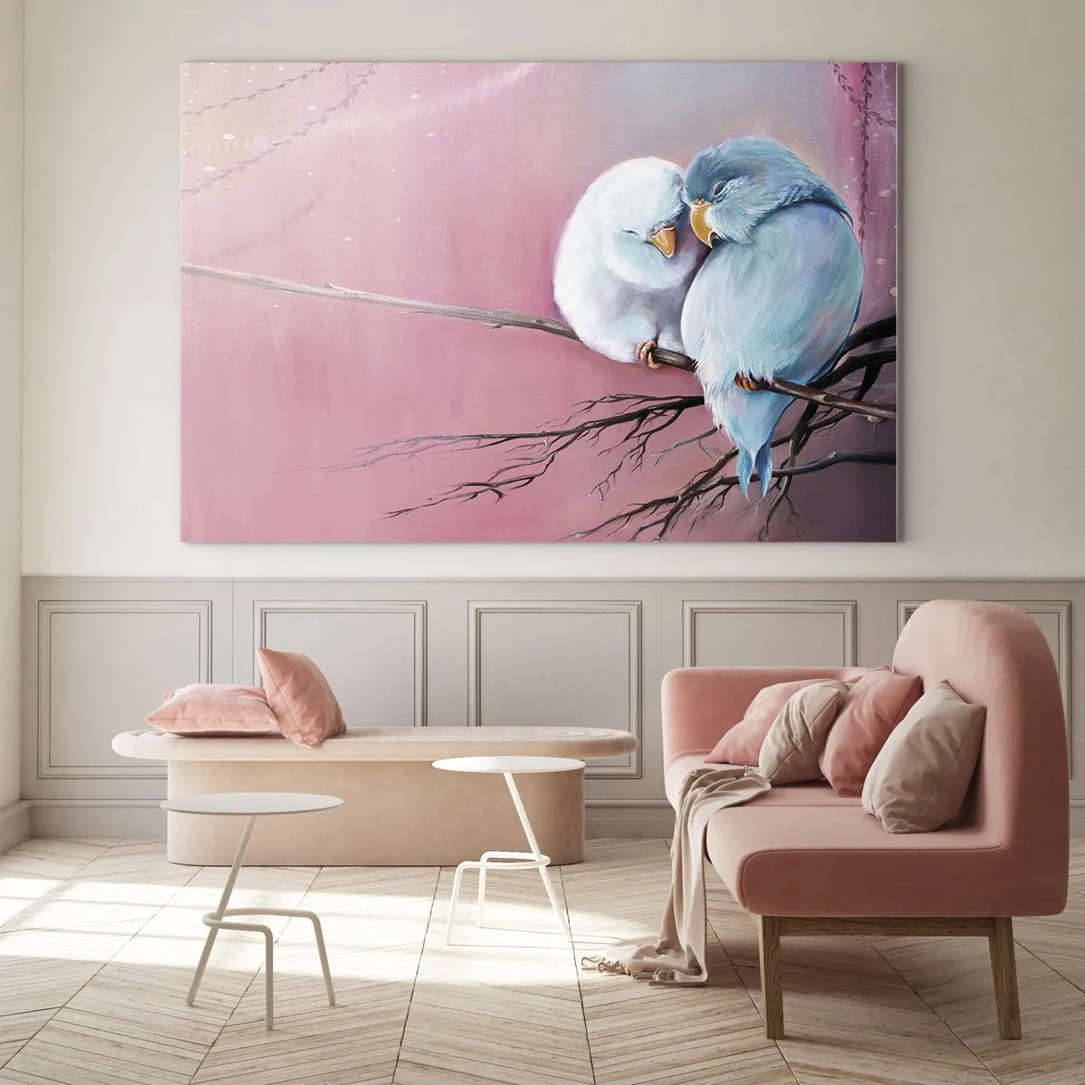 Obraz na szkle - Dwie zakochane papużki siedzące na gałęzi na tle różu - 100x70cm - Cóż tu dodać?… - Nowoczesna dekoracja ścienna do salonu, kuchni i sypialni ARTTOR