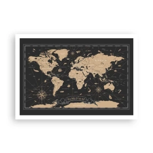 Plakat - Stylizowana mapa świata na czarnym tle z beżowymi akcentami - 100x70cm - Granice mojego świata - Nowoczesna dekoracja ścienna do salonu i sypialni ARTTOR