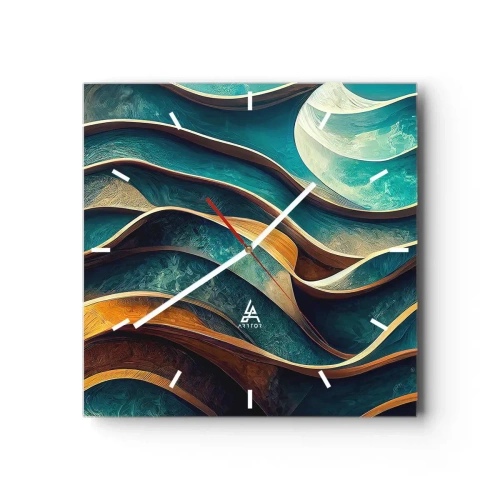 Zegar ścienny - Abstrakcyjne fale w odcieniach turkusu i złota - 30x30cm - Meandry błękitu - Nowoczesna dekoracja ścienna do salonu i sypialni ARTTOR