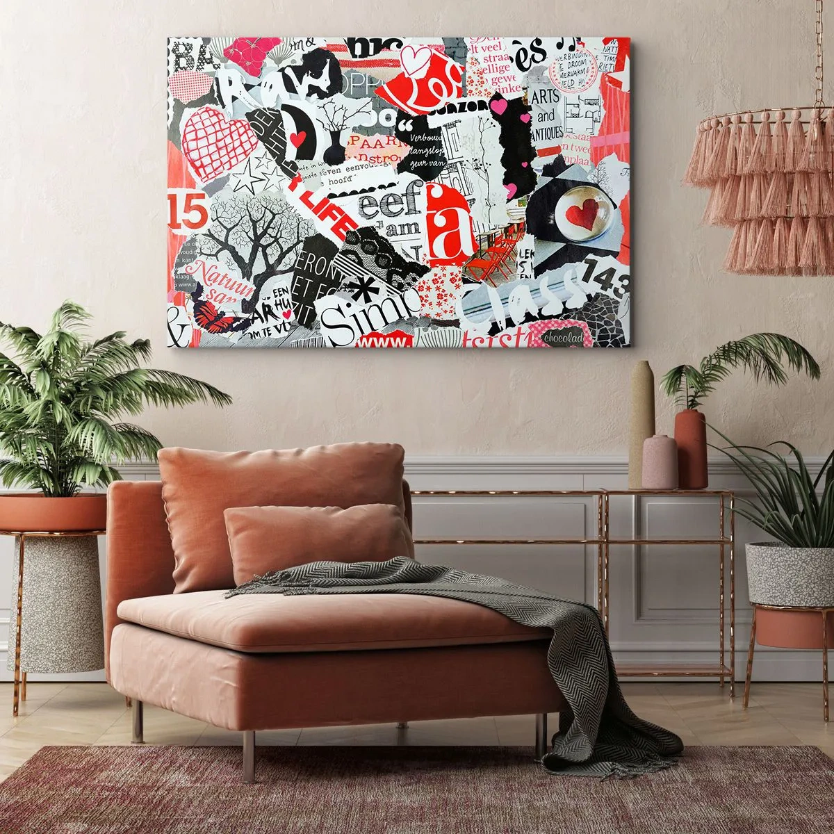 Obraz na płótnie - Kolorowy kolaż z napisami, sercami i grafikami - 100x70cm - Hipsterski kolaż - Nowoczesna dekoracja ścienna do salonu, kuchni i sypialni ARTTOR