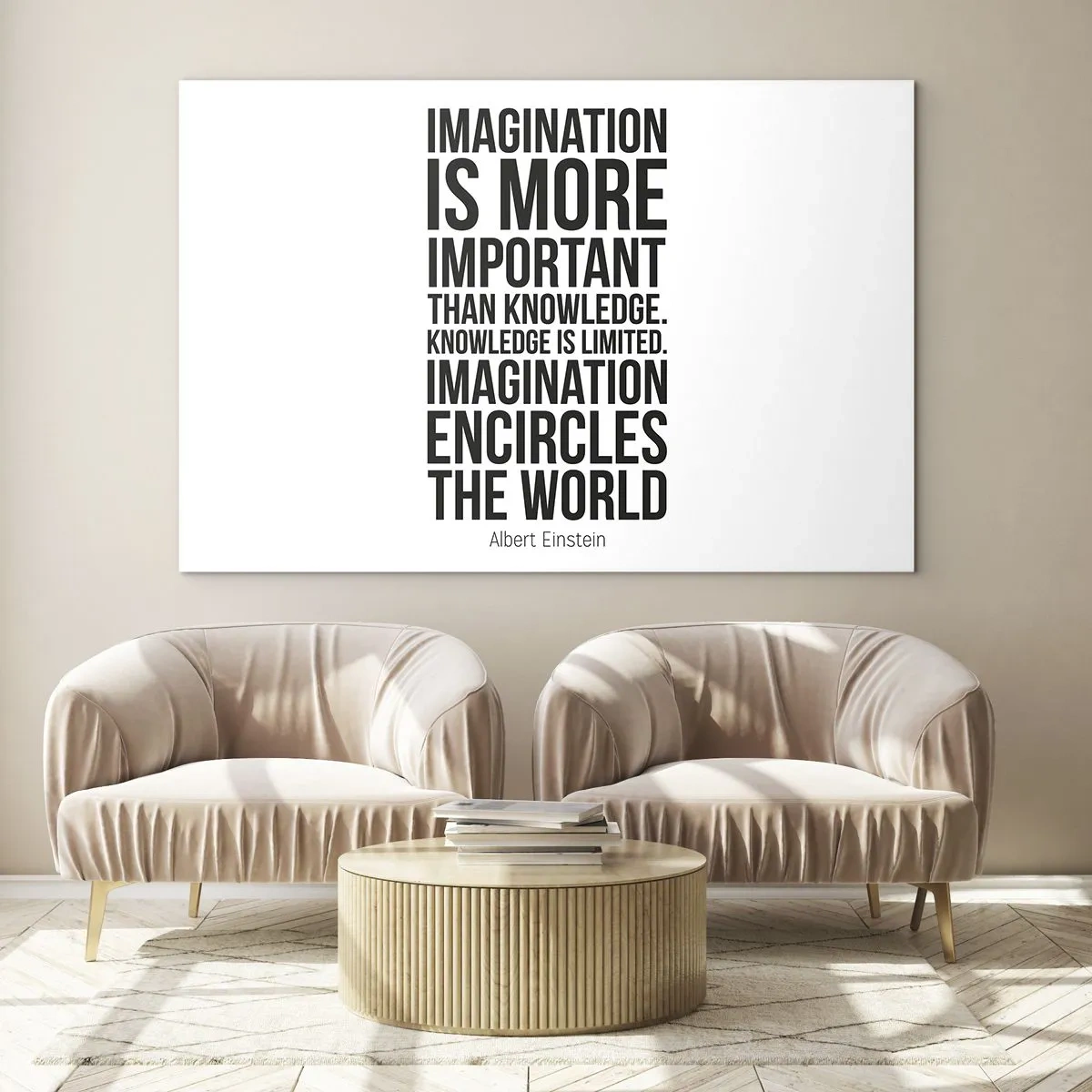 Obraz na szkle - Cytat o wyobraźni w minimalistycznej typografii - 100x70cm - Einstein o mocy wyobraźni - Nowoczesna dekoracja ścienna do salonu, kuchni i sypialni ARTTOR