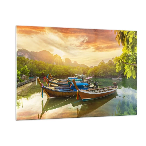 Obraz na szkle - Tradycyjne łodzie w tropikalnym krajobrazie o zachodzie słońca - 120x80cm - Przed pracowitym dniem - Nowoczesna dekoracja ścienna do salonu, kuchni i sypialni ARTTOR
