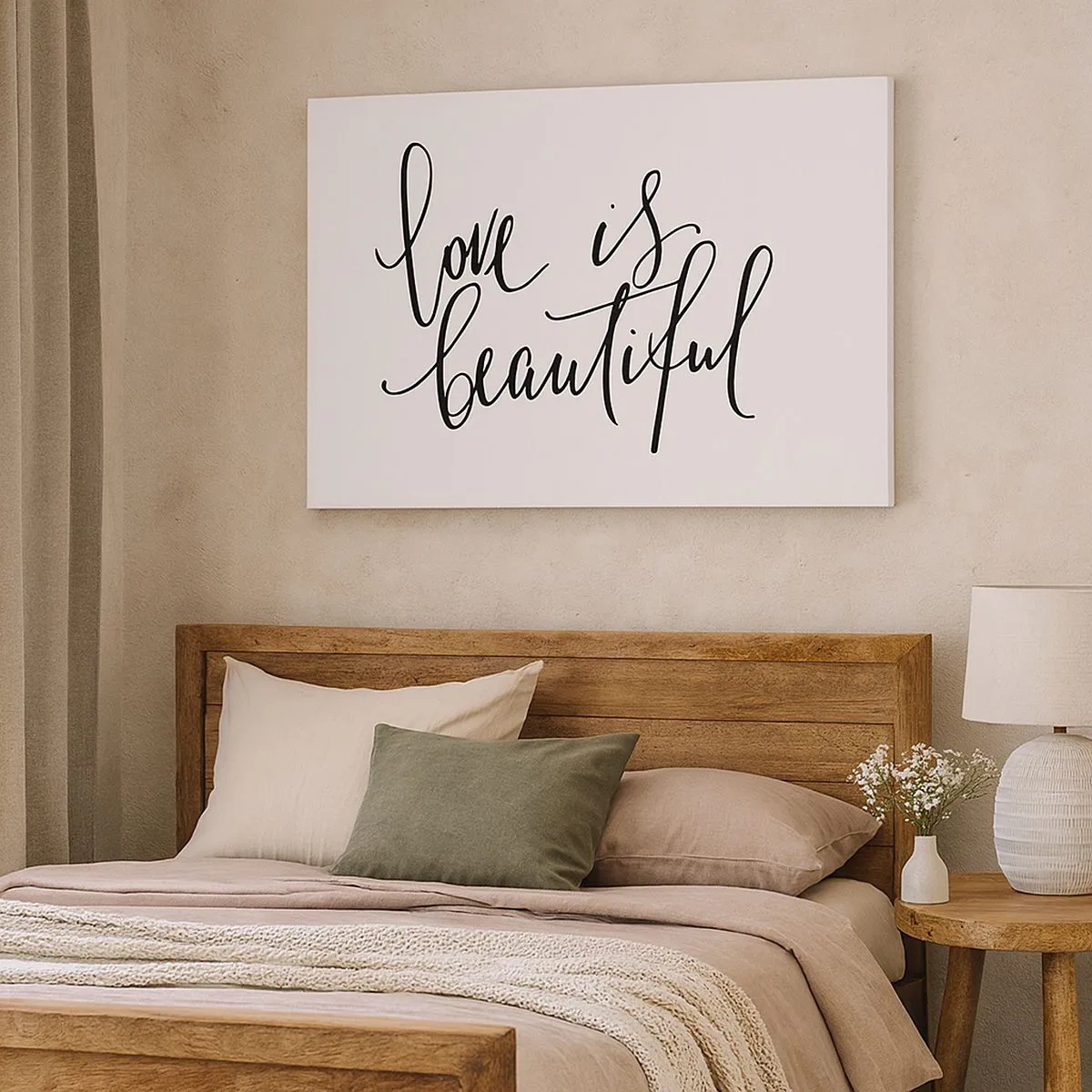 Obraz na płótnie - Czarny napis love is beautiful na białym tle - 70x50cm - Czytaj i powtarzaj - Nowoczesna dekoracja ścienna do salonu i sypialni ARTTOR