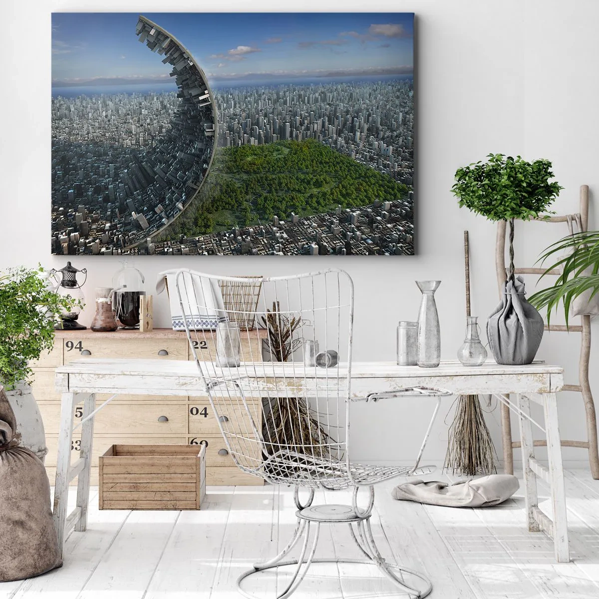 Obraz na płótnie - Dynamiczne miasto z surrealistycznym zakrzywieniem - 70x50cm - Natura jest wieczna - Nowoczesna dekoracja ścienna do salonu i sypialni ARTTOR