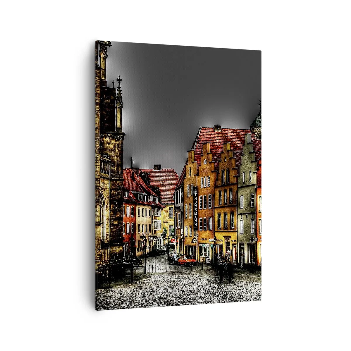 Obraz na płótnie - Kolorowe kamienice przy brukowanej ulicy w zabytkowym mieście - 70x100cm - Brakuje tylko zaczarowanej dorożki - Nowoczesna dekoracja ścienna do salonu i sypialni ARTTOR
