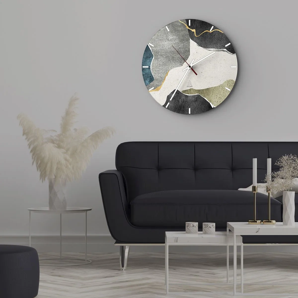 Zegar ścienny - Kolorowe plamy i złota linia tworzące mozaikowy wzór - 30x30cm - Mozaikowa kompozycja z nitką złota - Nowoczesna dekoracja ścienna do salonu, kuchni i sypialni ARTTOR