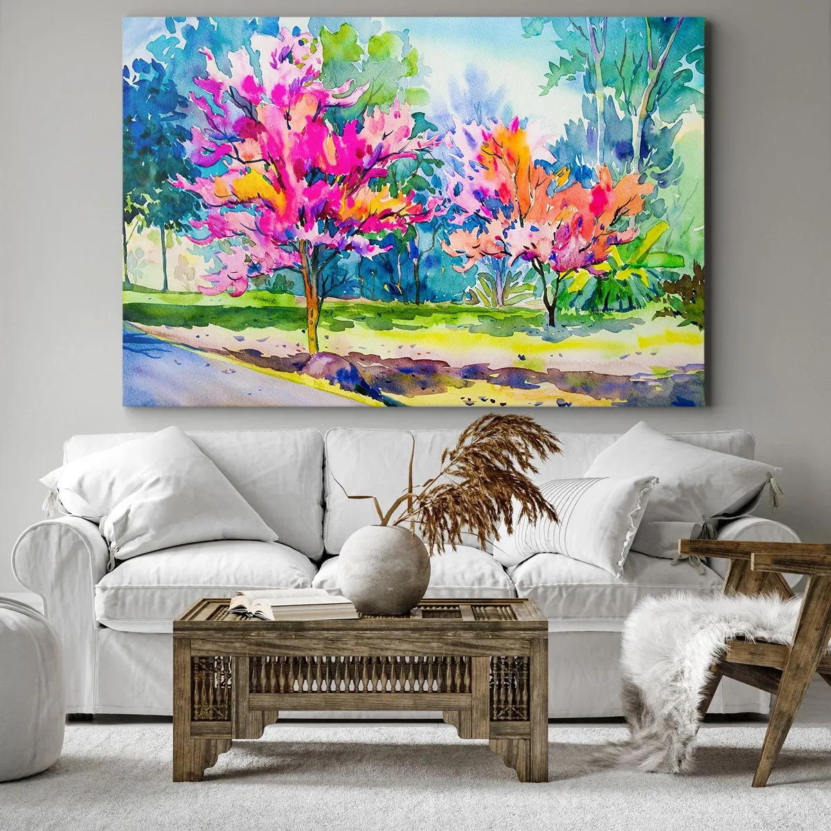 Obraz na płótnie - Kolorowe drzewa w parku w stylu akwarelowym - 70x50cm - Tęczowy ogród w wiosennym blasku - Nowoczesna dekoracja ścienna do salonu i sypialni ARTTOR