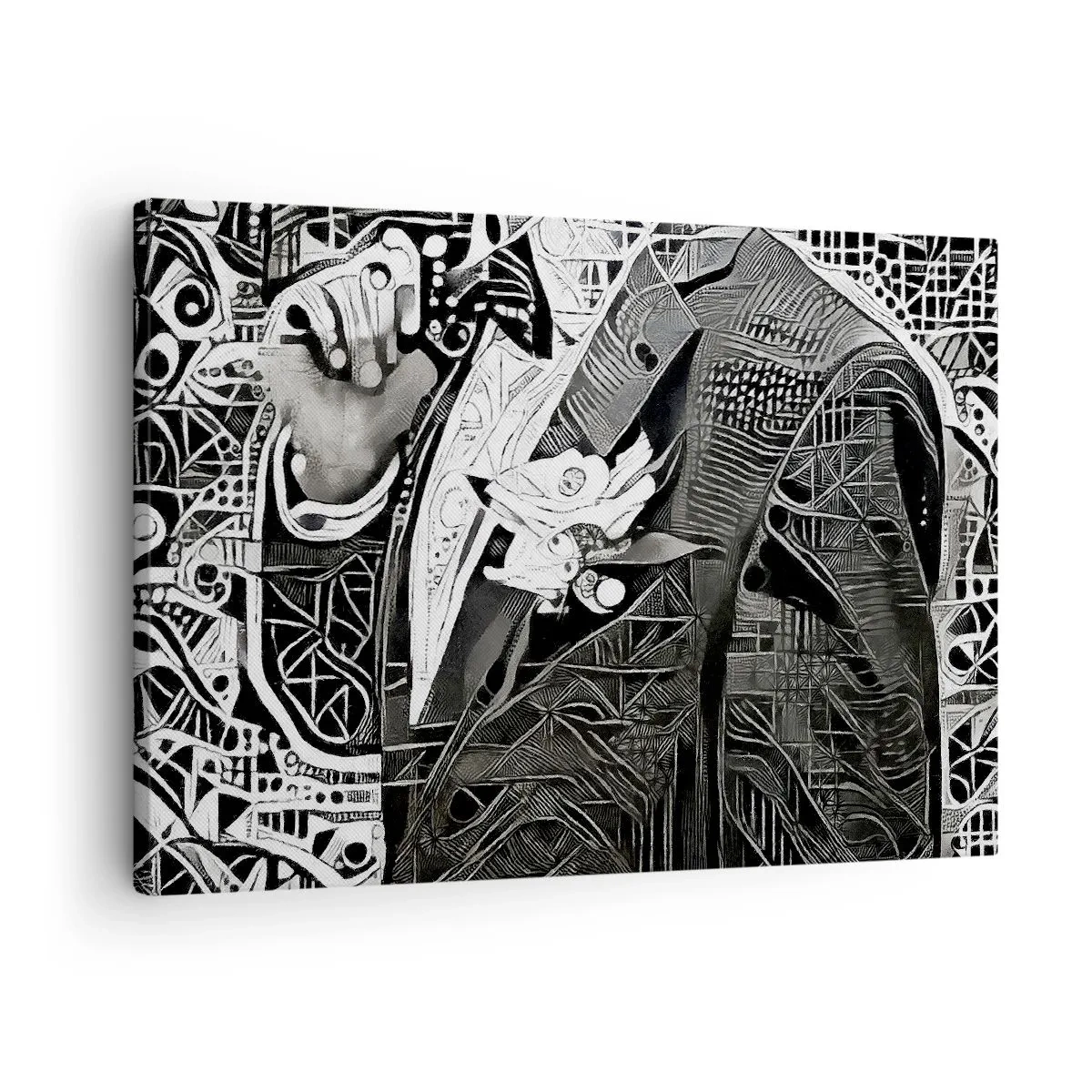 Obraz na płótnie - Elegancka abstrakcja z mężczyzną w garniturze w czerni i bieli - 70x50cm - Tylko na pozór szary człowiek - Nowoczesna dekoracja ścienna do salonu i sypialni ARTTOR