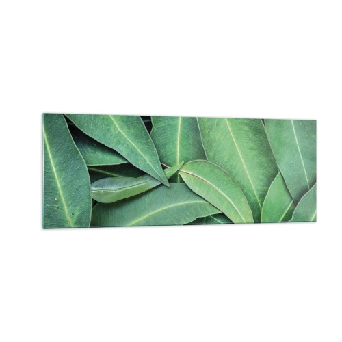 Obraz na szkle - Zbliżenie na zielone liście tworzące naturalny wzór - 140x50cm - Soczyste i świeże - Nowoczesna dekoracja ścienna do salonu i sypialni ARTTOR