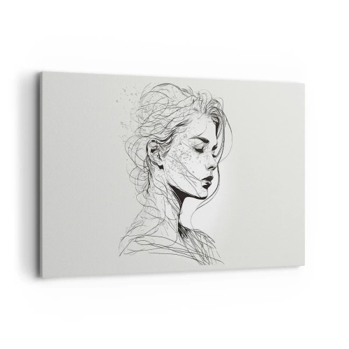 Obraz na płótnie - Delikatny portret kobiety w minimalistycznym stylu graficznym - 120x80cm - Portret w zamyśleniu - Nowoczesna dekoracja ścienna do salonu, kuchni i sypialni ARTTOR