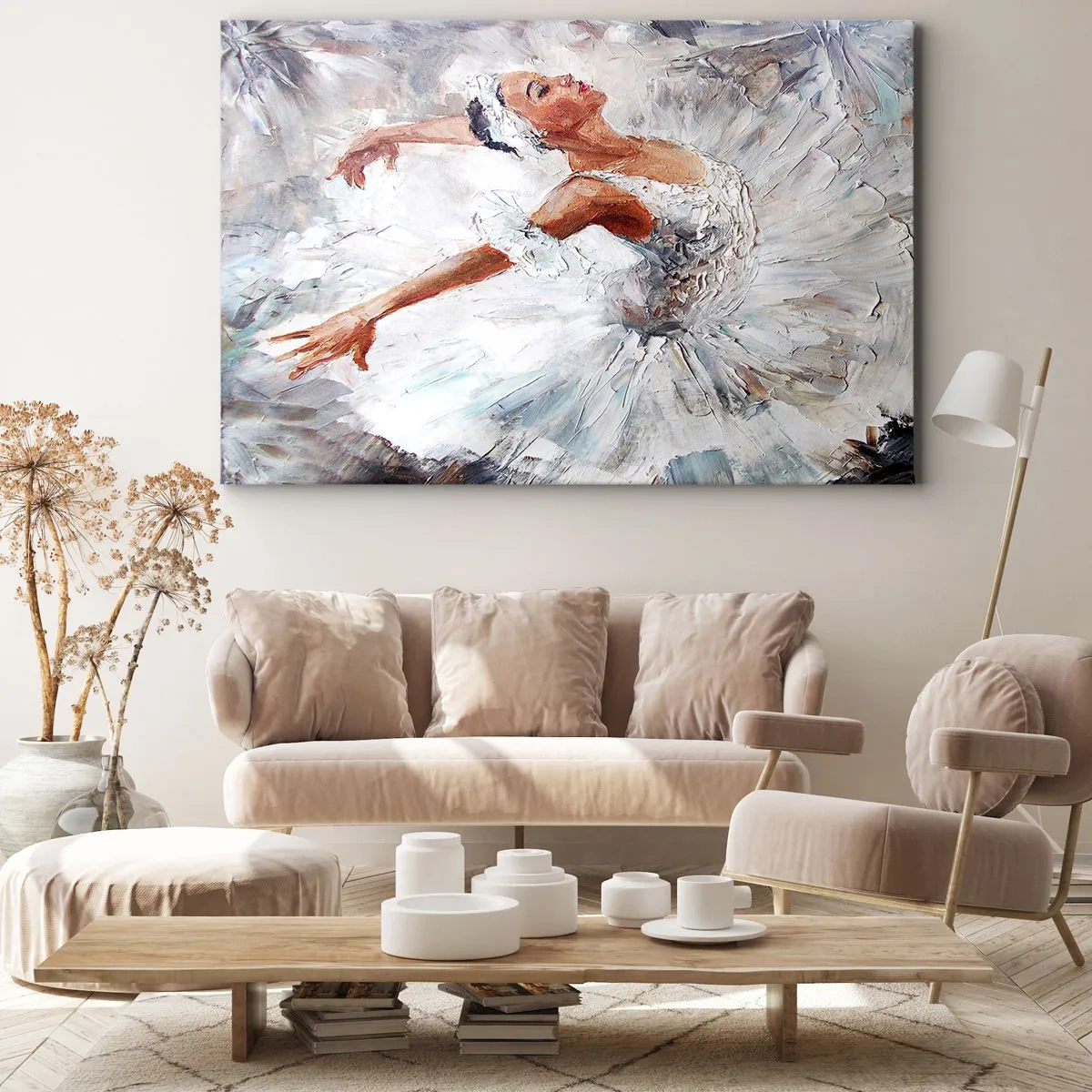 Obraz na płótnie - Baletnica w białej sukni podczas tańca - 70x50cm - Delikatna i lekka jak tiul - Nowoczesna dekoracja ścienna do salonu i sypialni ARTTOR