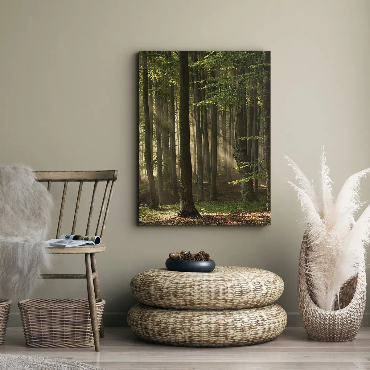 Obraz na płótnie - Promienie słońca przenikające przez drzewa w lesie - 70x100cm - Rozpromieniony w wiosenny poranek - Nowoczesna dekoracja ścienna do salonu i sypialni ARTTOR