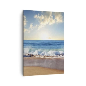 Obraz na płótnie - Słoneczna plaża z falami rozbijającymi się o brzeg - 70x100cm - Ruch i bezruch zarazem - Nowoczesna dekoracja ścienna do salonu i sypialni ARTTOR