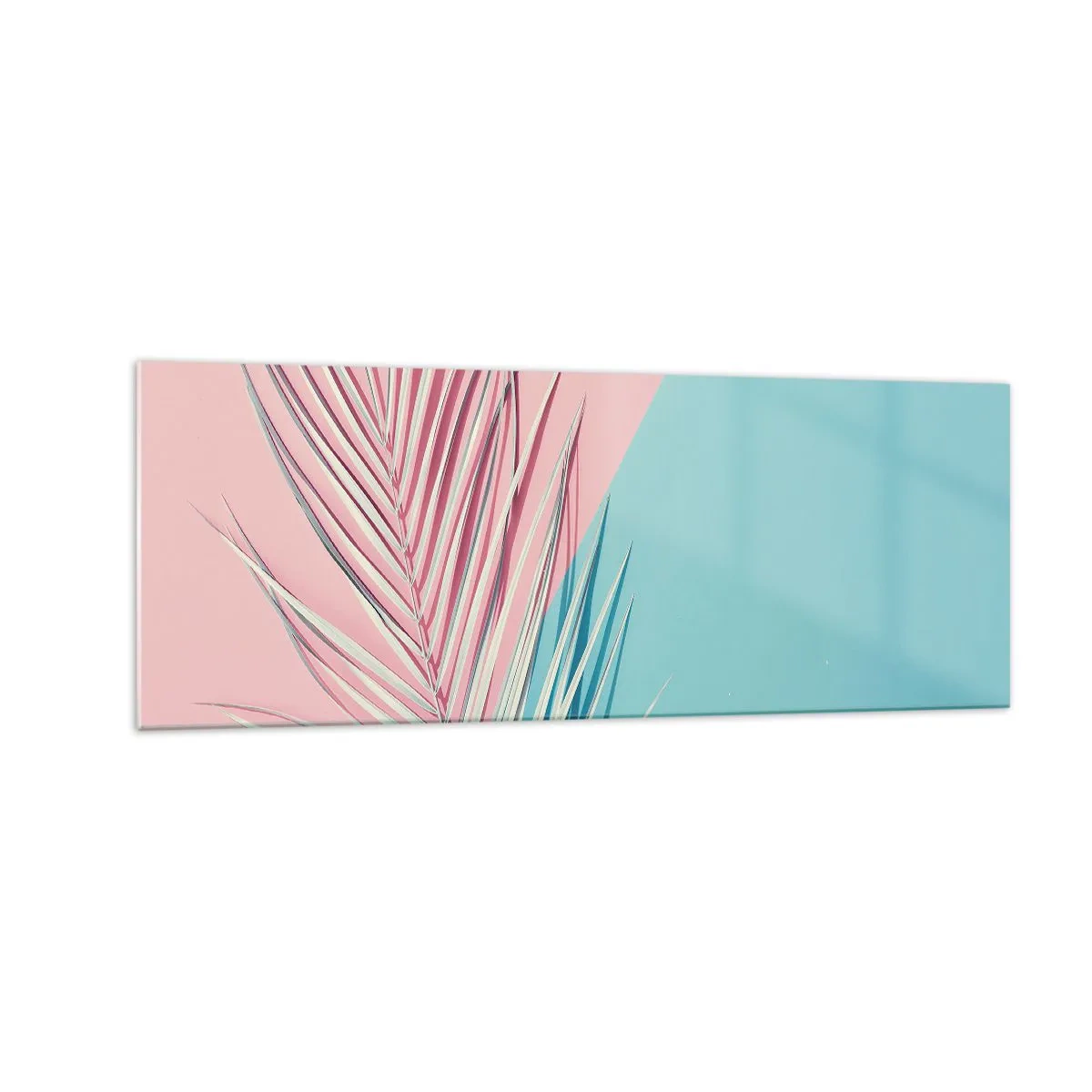 Obraz na szkle - Tropikalny liść na tle pastelowych odcieni różu i błękitu - 140x50cm - Tropikalna impresja - Nowoczesna dekoracja ścienna do salonu i sypialni ARTTOR