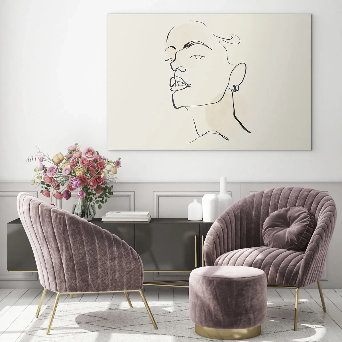 Obraz na szkle - Portret kobiety w minimalistycznej linii na jasnym tle - 100x70cm - Dumne spojrzenie - Nowoczesna dekoracja ścienna do salonu, kuchni i sypialni ARTTOR