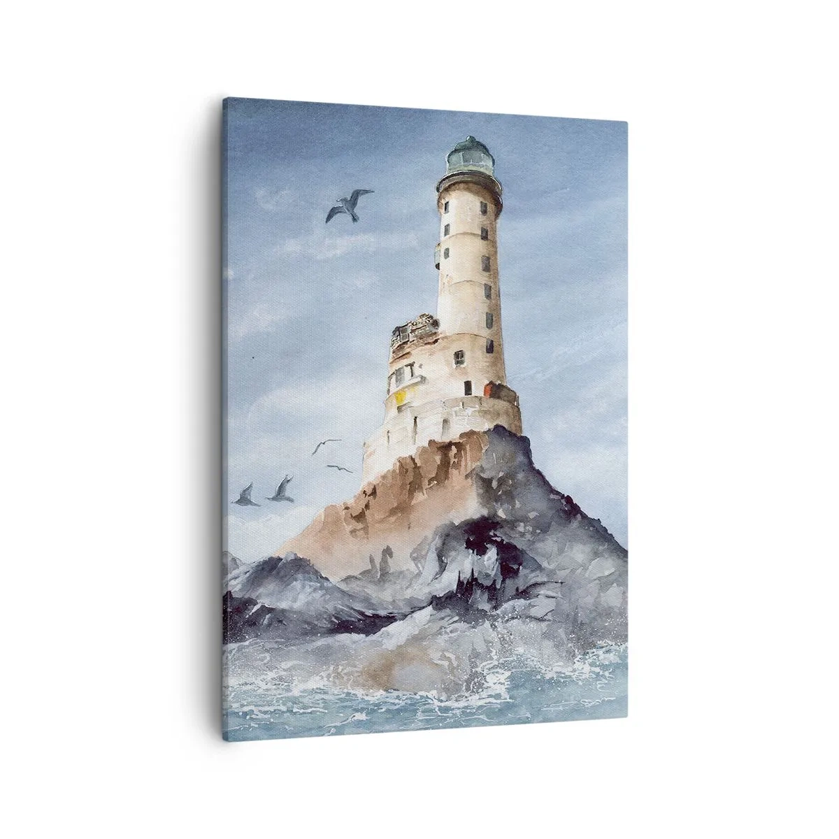 Obraz na płótnie - Akwarelowy obraz latarni morskiej stojącej na skalistym klifie wśród fal oceanu - 50x70cm - Niezwyciężona - Nowoczesna dekoracja ścienna do salonu, kuchni i sypialni ARTTOR